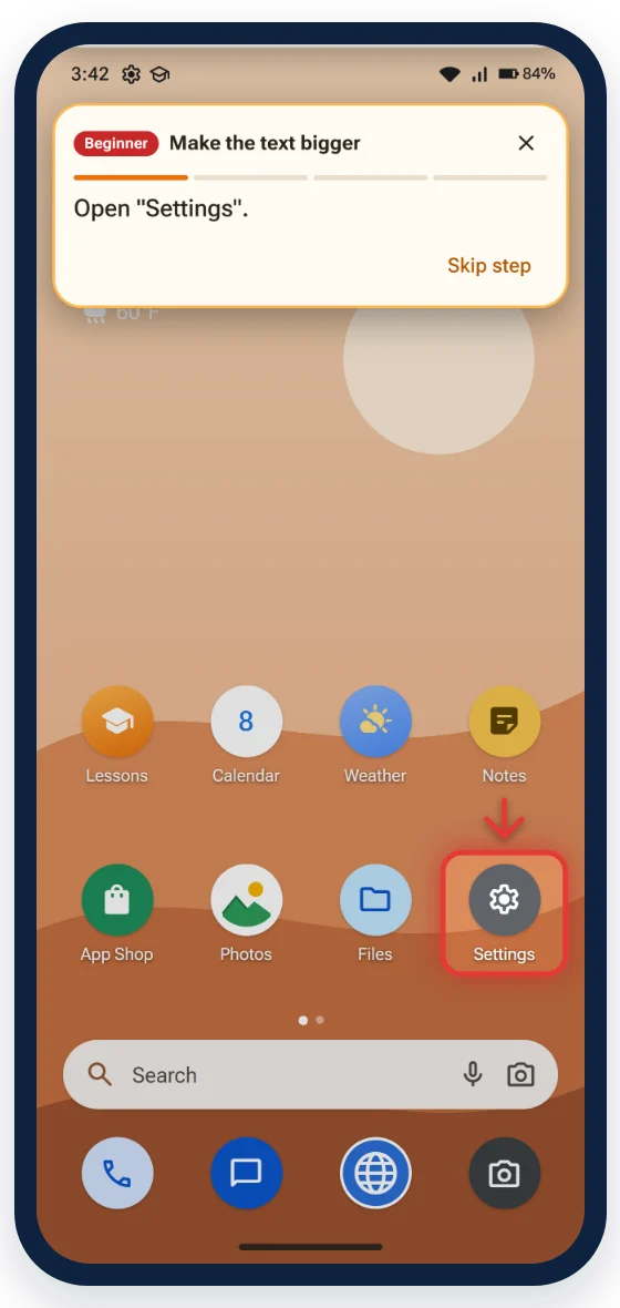 SafePhone during a Beginner lesson: a card at the top says Open Settings, and a red ring circles the Settings icon on the home screen.